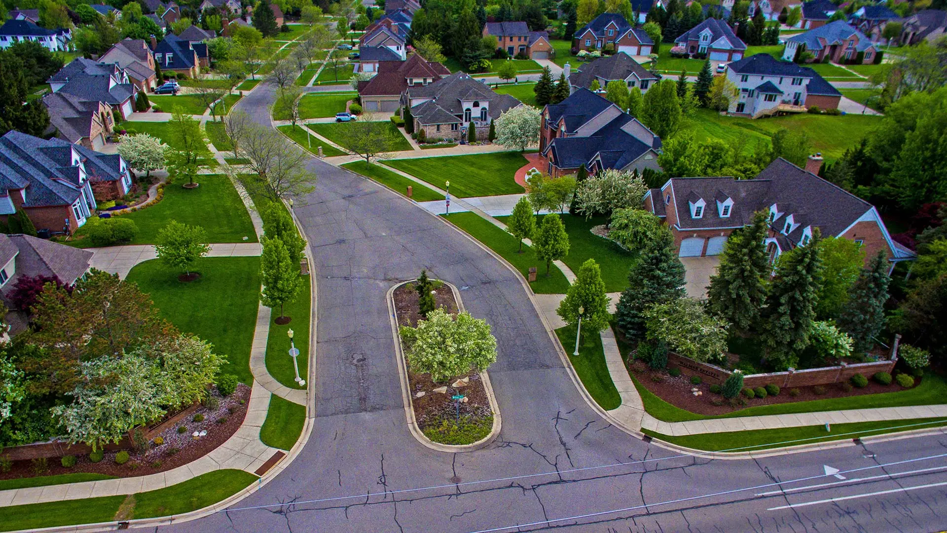 Bird's eye view over a neighborhood in Haslett, MI.