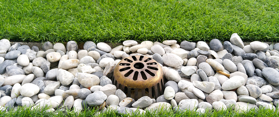 Catch basin installed in a lawn to drain any pooling water after a lot of rain.