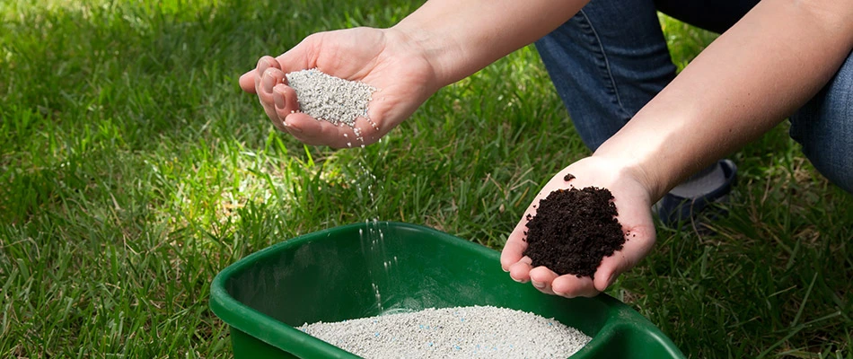 Our fertilization expert holding fertilizer and dirt on a property in Haslett, MI.