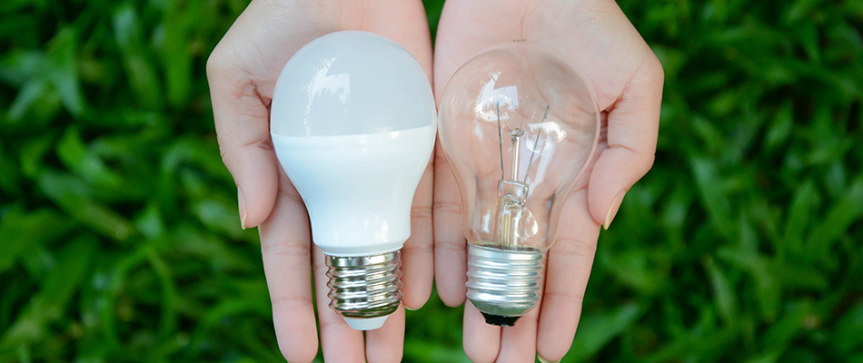 Light bulbs of different type with an LED on the left in hands.