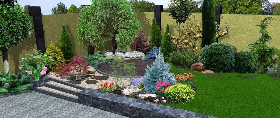 A 3D design rendering of landscaping and retaining wall in Haslett, MI.