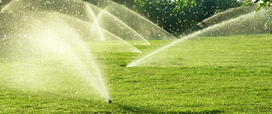 A sprinkler system spread out upon a field spraying water in East Lansing, MI.