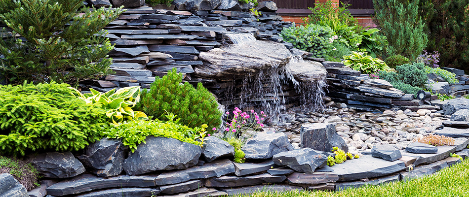 A pondless waterfall made of stone in East Lansing, MI.