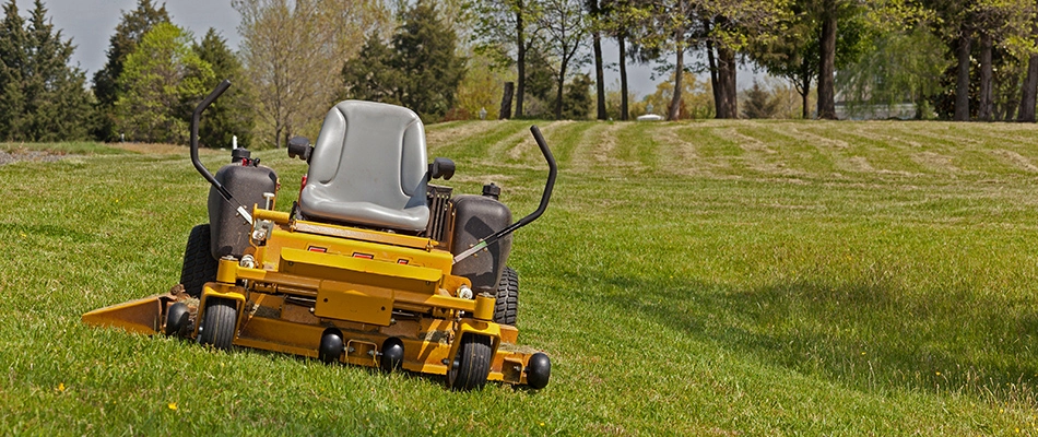A yellow lawnmower sitting vacant on a grassy lawn in East Lansing, MI.
